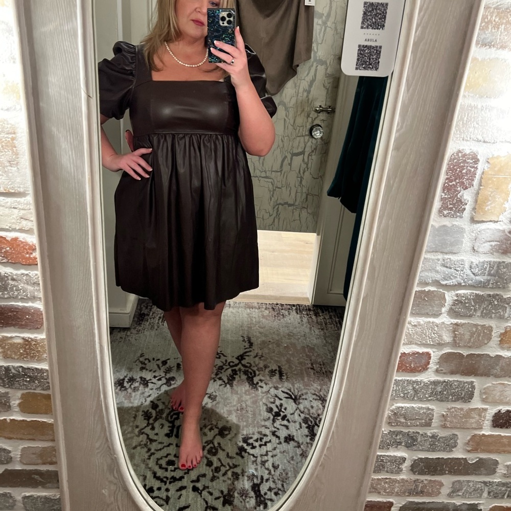 Arula Brown Leather look Empire waist dress
